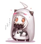  1girl ahoge aircraft airplane blush_stickers capriccio chibi cloak commentary_request himouto!_umaru-chan hood hooded_cloak horns kantai_collection mittens northern_ocean_hime parody red_eyes shadow shinkaisei-kan solo translation_request white_background white_hair white_skin 
