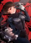  1girl absurdres artist_name biker_clothes blurry bodysuit braid brown_hair clenched_hand corset cowboy_shot depth_of_field gloves hands_up highres hips holding holding_mask holding_weapon lips looking_at_viewer mask mask_removed midori niijima_makoto parted_lips persona persona_5 red_eyes scarf solo spikes weapon 