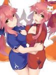  2girls animal_ears blush bow breast_press breasts china_dress chinese_clothes cleavage cleavage_cutout dress dual_persona fang fate/extra fate/grand_order fate_(series) fox_ears fox_tail hair_bow hair_ribbon highres large_breasts long_hair looking_at_viewer multiple_girls open_mouth pink_hair ribbon side_slit simple_background symmetrical_docking tail tamamo_(fate)_(all) tamamo_cat_(fate) tamamo_no_mae_(fate) tentou_mushi white_background yellow_eyes 