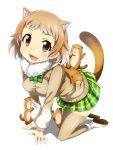  1girl all_fours animal_ears black-tailed_prairie_dog_(kemono_friends) blush bow bowtie breasts brown_eyes brown_hair dog_ears dog_tail full_body fur_collar green_skirt highres kemono_friends light_brown_hair long_sleeves looking_at_viewer medium_breasts multicolored_hair open_mouth plaid plaid_skirt pleated_skirt prairie_dog_ears school_uniform short_hair simple_background skirt smile solo sweater_vest tail thigh-highs tom_(drpow) two-tone_hair white_background white_hair 