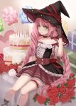  1boy :p black_gloves blush cake candle candy crossdressinging dress food gloves green_eyes hanabusa_kokoro hat hirayama_ityu i-chu lollipop long_hair male_focus open_mouth pink_hair smile solo tongue tongue_out trap very_long_hair witch_hat 