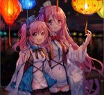  2girls :d azur_lane bangs bare_shoulders black_bow blurry blurry_background blush bow breasts cape commentary_request depth_of_field dress elbow_gloves eyebrows_visible_through_hair gloves hair_between_eyes hair_bow hand_up lantern lexington_(azur_lane) long_hair long_sleeves medium_breasts multiple_girls one_side_up open_mouth paper_lantern pf pink_hair red_bow saratoga_(azur_lane) sitting smile very_long_hair violet_eyes white_cape white_dress white_gloves wide_sleeves 