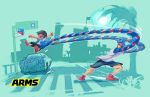  2boys arms_(game) blue_hair car copyright_name domino_mask drill_hair ground_vehicle highres long_arms mask monochrome_background motor_vehicle multiple_boys nintendo official_art road shorts spring_man_(arms) street sweat tree 