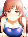 1girl ? bare_shoulders blush breasts brown_eyes brown_hair competition_swimsuit idolmaster idolmaster_cinderella_girls idolmaster_cinderella_girls_starlight_stage long_hair looking_at_viewer medium_breasts nitta_minami one-piece_swimsuit sakaki_imasato smile solo spoken_question_mark swimsuit upper_body wet 