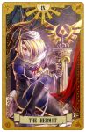  1girl androgynous bandage blonde_hair braid card_(medium) carrying hat long_hair mask pointy_ears red_eyes reverse_trap sheik solo surcoat suzumiya_misa tarot the_legend_of_zelda the_legend_of_zelda:_ocarina_of_time the_legend_of_zelda:_twilight_princess 
