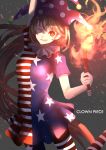  1girl american_flag_dress american_flag_legwear arm_up blonde_hair clownpiece dress fire hat highres jester_cap kaitou0215 long_hair looking_at_viewer one_eye_closed pantyhose polka_dot red_eyes short_dress smile solo star star_print striped torch touhou very_long_hair 