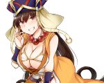  1girl beads bikini blush breasts brown_eyes brown_hair cleavage cowboy_shot earrings fate_(series) hair_between_eyes hat jewelry jirou_(tamaho39) large_breasts long_hair looking_at_viewer necklace prayer_beads revealing_clothes ring smile solo swimsuit xuanzang_(fate/grand_order) 