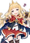  1girl :d bangs black_boots black_legwear blonde_hair blunt_bangs book boots bow bracelet bracer brooch cagliostro_(granblue_fantasy) cape clenched_hand cowboy_shot eyebrows_visible_through_hair flat_chest gochou_(atemonai_heya) granblue_fantasy holding holding_book jewelry long_hair looking_at_viewer open_mouth panties pantyshot pantyshot_(standing) red_bow red_cape red_skirt shadow shirt simple_background skirt skull_print smile solo standing standing_on_one_leg teeth thigh-highs tiara underwear vial violet_eyes white_background white_panties white_shirt zettai_ryouiki 