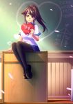  1girl ai_ai_gasa bakki black_hair black_shoes brown_eyes chalkboard heart highres long_hair looking_at_viewer petals school_uniform serafuku shoes sitting solo yandere-chan yandere_simulator 