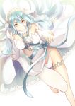  1girl aqua_(fire_emblem_if) aqua_hair arm_support barefoot breasts bridal_gauntlets detached_collar dress fingerless_gloves fire_emblem fire_emblem_if from_above gloves groin hair_tubes jewelry long_hair looking_at_viewer looking_up midriff oka_(umanihiki) outstretched_arm pantyhose pendant reaching sash simple_background sitting smile solo veil white_background white_gloves white_legwear yellow_eyes 