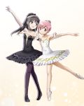  2girls akemi_homura armlet armpits ballerina ballet ballet_slippers black_hair breasts choker collarbone dress full_body hair_bun hair_ornament highres jewelry kaname_madoka kinfuji long_hair looking_at_another looking_at_viewer mahou_shoujo_madoka_magica multiple_girls open_mouth pantyhose pink_eyes pink_hair princess_tutu smile strapless swan_lake violet_eyes 