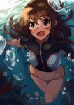  1girl air_bubble bikini_bottom blue_eyes blush breath brown_hair bubble commentary_request diving freediving holding_breath idolmaster idolmaster_million_live! kousaka_umi kurokin navel open_mouth rash_guard swimming swimsuit underwater water 