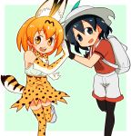  2girls animal_ears backpack bag black_gloves black_hair bow bowtie bucket_hat elbow_gloves gloves hair_between_eyes hat hat_feather high-waist_skirt highres kaban_(kemono_friends) kemono_friends multicolored_hair multiple_girls pantyhose red_shirt sat-c serval_(kemono_friends) serval_ears serval_print serval_tail shirt short_hair shorts skirt sleeveless sleeveless_shirt striped_tail tail wavy_hair 