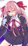  1boy blush braid cape cosplay fang fate/apocrypha fate/extra fate/grand_order fate_(series) hair_ribbon highres long_hair looking_at_viewer male_focus open_mouth pink_hair ribbon rider_of_black shisei_(kyuushoku_banchou) single_braid smile solo trap violet_eyes 