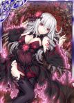  1girl akkijin black_dress breasts card character_request cleavage demon_girl dress flower hair_ornament jewelry large_breasts long_hair necklace red_eyes shinkai_no_valkyrie silver_hair tattoo thigh-highs torn_clothes 