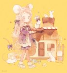  1girl animal_ears blush bow braid candy candy_cane cardigan checkerboard_cookie chocolate cookie food gingerbread_house hair_ribbon holding holding_food light_brown_hair long_hair mouse mouse_ears mouse_tail notched_ear original pantyhose pechika ribbon slippers solo sugar_cube tail tail_bow twitter_username violet_eyes walking wavy_hair yellow_background 