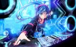  1girl blue_eyes blue_hair breasts dj headphones holographic_interface holographic_monitor jewelry listening_to_music long_hair medium_breasts nail_polish neon_trim original phonograph ponytail pot-palm ring smile solo speaker turntable very_long_hair 