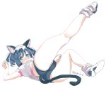  1girl animal_ears ass black_hair blush breasts buruma cat_ears cat_tail commentary_request curly_hair cyan_(show_by_rock!!) green_eyes loose_socks lying medium_breasts nape on_back paw_pose pointy_ears rkrk shadow show_by_rock!! simple_background socks solo tail underwear white_hair 