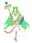  1girl armor bare_shoulders breasts full_body green_eyes green_hair jewelry kid_icarus kid_icarus_uprising long_hair looking_at_viewer medium_breasts necklace palutena saiba_(henrietta) simple_background smile solo standing super_smash_bros. thigh-highs tiara very_long_hair weapon white_background 
