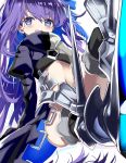  1girl armor armored_boots blue_eyes boots coat fate/extra fate/extra_ccc fate_(series) hair_ribbon highres long_hair meltlilith midriff navel purple_hair ribbon shino_(eefy) sleeves_past_wrists smile solo spikes very_long_hair 