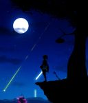  1boy absurdres boots castle clouds full_moon harada_miyuki hat highres link moon night night_sky scenery shield shooting_star silhouette sky solo standing star_(sky) starry_sky sword the_legend_of_zelda the_legend_of_zelda:_breath_of_the_wild tree weapon 