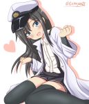  1girl arm_warmers asashio_(kantai_collection) black_hair black_legwear blue_eyes commentary_request hat highres kantai_collection long_hair military military_hat military_uniform naval_uniform open_mouth peaked_cap shirt short_sleeves smile solo suspenders tamayan thigh-highs twitter_username uniform white_shirt 