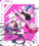  1girl black_hair black_sailor_collar black_skirt blouse blue_legwear breasts character_name dangan_ronpa electric_guitar eyelashes fingerless_gloves gloves guitar instrument jewelry long_hair looking_at_viewer medium_breasts mioda_ibuki mismatched_legwear multicolored_hair neckerchief necklace ozzingo pink_hair pink_legwear pink_neckerchief pleated_skirt plectrum sailor_collar scrunchie shoes short_sleeves single_glove skirt smile sneakers solo streaked_hair striped striped_gloves super_dangan_ronpa_2 thigh-highs torn_clothes torn_thighhighs upside-down violet_eyes white_blouse white_shoes wrist_scrunchie 