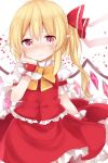  1girl blonde_hair blush bow bowtie coda_(ankoprpr3700) cowboy_shot crystal flandre_scarlet frilled_skirt frills hair_between_eyes hair_bow highres looking_at_viewer no_hat no_headwear nose_blush pointy_ears puffy_short_sleeves puffy_sleeves red_bow red_eyes red_skirt red_vest short_sleeves skirt skirt_set solo touhou vest wings yellow_bow yellow_bowtie 