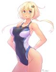  1girl arms_behind_back blonde_hair blue_eyes character_request competition_swimsuit copyright_request cowboy_shot groin long_hair nadare-san_(nadare3nwm) one-piece_swimsuit short_hair signature simple_background solo swimsuit white_background 