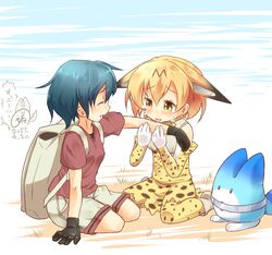  animal_ears backpack bag black_gloves black_hair bruise ears_down gloves hair_between_eyes injury inori_(xyz5568) kaban_(kemono_friends) kemono_friends licking lucky_beast_(kemono_friends) multicolored_hair red_shirt serval_(kemono_friends) serval_ears serval_print shirt short_hair shorts tears translation_request wavy_hair 