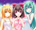  3girls blonde_hair bow braid brown_hair camisole chemise green_eyes green_hair hair_bow hakurei_reimu kirisame_marisa kochiya_sanae long_hair multiple_girls pajamas puffy_short_sleeves puffy_sleeves red_eyes reimei_(r758120518) short_sleeves single_braid touhou very_long_hair yellow_eyes 