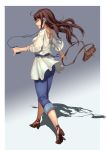  1girl absurdres bag brown_hair cellphone closed_eyes denim dress earphones earphones full_body handbag highres iphone jeans long_hair pants parted_lips phone sash shadow smartphone solo splish walking white_dress 