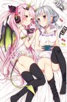  2girls ass candy food grey_hair handheld_game_console highres holding looking_at_another lying multiple_girls on_back on_side original pink_eyes pink_hair playstation_portable purple_hair sakuragi_ren silver_hair thigh-highs thighs 