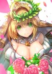  1girl ahoge bangs blonde_hair blurry bouquet breasts bridal_veil chain_necklace chains cleavage depth_of_field detached_collar dress fate/extra fate_(series) flower from_above green_eyes hair_between_eyes highres holding holding_bouquet large_breasts lock looking_at_viewer petals rose saber_bride saber_extra short_hair solo u_rin upper_body veil wedding_dress wreath 