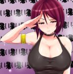  1girl armlet armpits bare_shoulders blush breasts choker cleavage collarbone dripping earrings highres huge_breasts jewelry king_of_fighters large_breasts okyou red_eyes salute shirt short_hair snk solo sweat sweating sweating_profusely tank_top taut_clothes taut_shirt the_king_of_fighters translated violet_eyes wet whip_(kof) 
