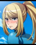  1girl blonde_hair blue_eyes blush clouds kudakeru looking_at_viewer metroid ponytail samus_aran sky solo zero_suit 