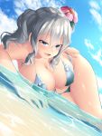  1girl alternate_costume bangs beach bikini blue_eyes blue_sky blurry blush breasts cleavage clouds cloudy_sky collarbone day dutch_angle erect_nipples eyebrows_visible_through_hair flower frilled_bikini frills hair_between_eyes hair_flower hair_ornament hat highres hips kantai_collection kashima_(kantai_collection) large_breasts light_smile looking_at_viewer ocean oekakizuki open_mouth outdoors partially_submerged shiny shiny_hair shiny_skin silver_hair sky smile solo swimsuit twintails water wavy_hair wet wet_clothes 