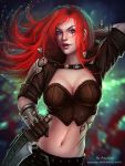  1girl artist_name ayya_saparniyazova belt bracelet breasts cleavage gloves grey_eyes highres jacket jewelry katarina_du_couteau large_breasts league_of_legends long_hair midriff navel open_mouth redhead scar scar_across_eye solo spiked_bracelet spiked_knuckles spikes tattoo watermark web_address 