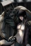  1girl arm_on_shoulder black_hair covering covering_crotch highres jacket_on_shoulders jittsu long_hair muscle no_nipples orange_eyes original skull stitches 