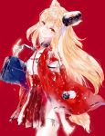 1girl ahma animal_ears bag blonde_hair commentary_request cowboy_shot fate/extra fate/extra_ccc fate/extra_ccc_fox_tail fate_(series) fox_ears fox_tail from_side hakama_skirt hat head_tilt highres holding_bag japanese_clothes long_hair long_sleeves looking_at_viewer no_panties parted_lips red_background ribbon-trimmed_sleeves ribbon_trim saber_(fate/extra_ccc_fox_tail) school_bag simple_background smile solo tail tate_eboshi wide_sleeves wing_collar yellow_eyes 