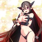  &gt;:d 1girl :d absurdres bare_shoulders black_hair black_panties blush book breast_hold breasts cape cleavage cowboy_shot demon_girl demon_horns fang groin highres holding holding_book horns large_breasts long_hair looking_at_viewer maoujou_no_chef multicolored_hair nail_polish navel official_art open_mouth panties pink_hair pointy_ears promotional_art red_nails redhead revealing_clothes skindentation smile solo stomach two-tone_hair underwear vambraces very_long_hair yam2344 