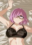  1girl arm arm_up armpits bare_arms bare_shoulders bed black-framed_eyewear black-framed_glasses black_bra bra breasts cleavage collarbone fate/grand_order fate_(series) female from_above glasses hair_over_one_eye highres lace lace-trimmed_bra large_breasts lavender_hair looking_at_viewer lying midriff ningen_(ningen96) on_back on_bed sheet_grab shielder_(fate/grand_order) short_hair solo sweat type-moon underwear upper_body violet_eyes 