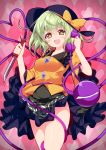  1girl :d bangs black_hat blush bow breasts corded_phone cowboy_shot eyeball frilled_sleeves frills green_eyes green_hair green_skirt hat hat_bow heart heart_background heart_of_string holding holding_knife knife komeiji_koishi looking_at_viewer medium_breasts open_mouth phone reverse_grip sakurame shirt short_hair skirt smile solo third_eye touhou wide_sleeves yellow_bow yellow_shirt 