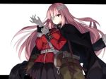  1girl adjusting_clothes adjusting_gloves antique_firearm bag bandaged_head bangs belt belt_buckle between_breasts black_jacket black_skirt breasts buckle buttons closed_mouth fate/grand_order fate_(series) firearm florence_nightingale_(fate/grand_order) fur-trimmed_sleeves fur_trim gloves grey_gloves gun jacket jacket_on_shoulders kanikou letterboxed long_hair long_sleeves medium_breasts military military_uniform one_eye_covered pink_hair pleated_skirt red_eyes serious simple_background skirt solo strap_cleavage tsurime uniform very_long_hair weapon white_background 