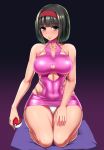  1girl bare_shoulders black_eyes black_hair blush bodycon breasts choker cleavage covered_navel dress erika_(pokemon) gradient gradient_background gym_leader hairband ishimiso_(ishimura) large_breasts latex_dress looking_at_viewer microdress panties pink_dress poke_ball pokemon pokemon_(game) pokemon_rgby seiza shiny shiny_clothes short_hair simple_background sitting skin_tight solo underwear white_panties 