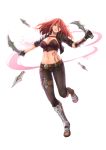  1girl absurdres armor armored_boots belt black_pants boots breasts cleavage collarbone cropped_jacket dual_wielding full_body green_eyes groin highres holding holding_weapon holster jacket katarina_du_couteau large_breasts league_of_legends long_hair looking_at_viewer machete navel open_clothes open_jacket pants parted_lips redhead scar scar_across_eye single_pauldron smile solo stomach tattoo thigh_holster weapon yashichii 