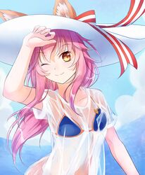  1girl animal_ears bikini blue_bikini breasts cleavage collarbone fate/grand_order fate_(series) fox_ears fox_tail hat long_hair looking_at_viewer medium_breasts nature ocean one_eye_closed pink_hair see-through smile solo swimsuit tail tamamo_(fate)_(all) tamamo_no_mae_(swimsuit_lancer)_(fate) wet wet_clothes xiao_yung_lin yellow_eyes 