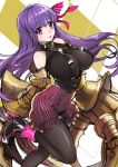  1girl bare_shoulders black_legwear blush breasts claws fate/extra fate/extra_ccc fate_(series) hair_ribbon highres huge_breasts large_breasts long_hair looking_at_viewer open_mouth pantyhose passion_lip purple_hair ribbon shimo_(s_kaminaka) shiny shiny_hair solo violet_eyes 