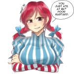  1girl absurdres black_eyes braid breast_hold breasts crossed_arms dress english freckles highres looking_at_viewer medium_breasts nas_(z666ful) redhead short_over_long_sleeves sketch smug solo speech_bubble striped striped_sleeves twin_braids upper_body vertical-striped_dress vertical_stripes wendy&#039;s wendy_(wendy&#039;s) 