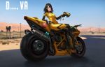  1girl alternate_costume alternate_hairstyle b.va_(overwatch) bodysuit brown_hair bubble_blowing chewing_gum d.va_(overwatch) daegeon_jang ground_vehicle hair_down highres looking_at_viewer motor_vehicle motorcycle overwatch pilot_suit road sitting solo 